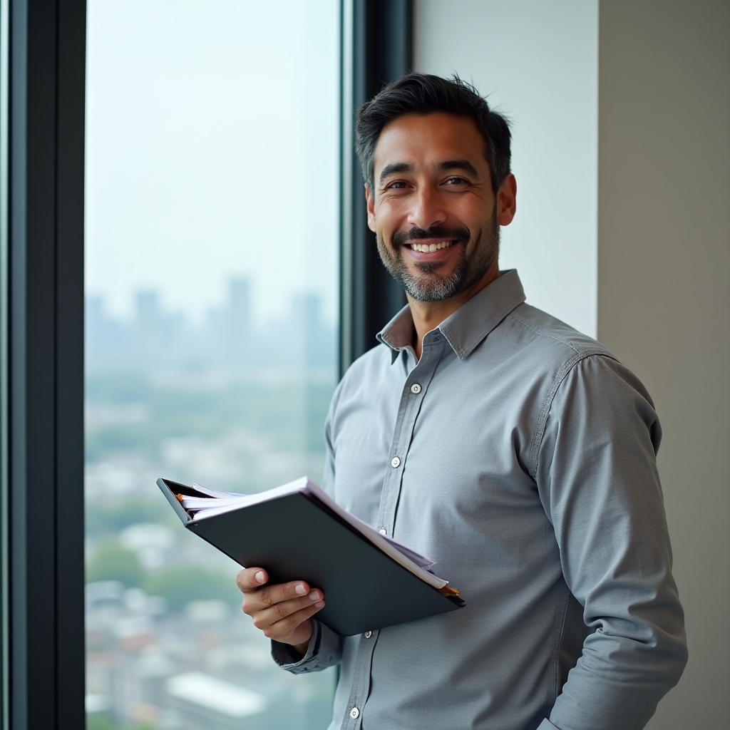 Facilitator standing near a window in a high-rise office, reviewing training notes