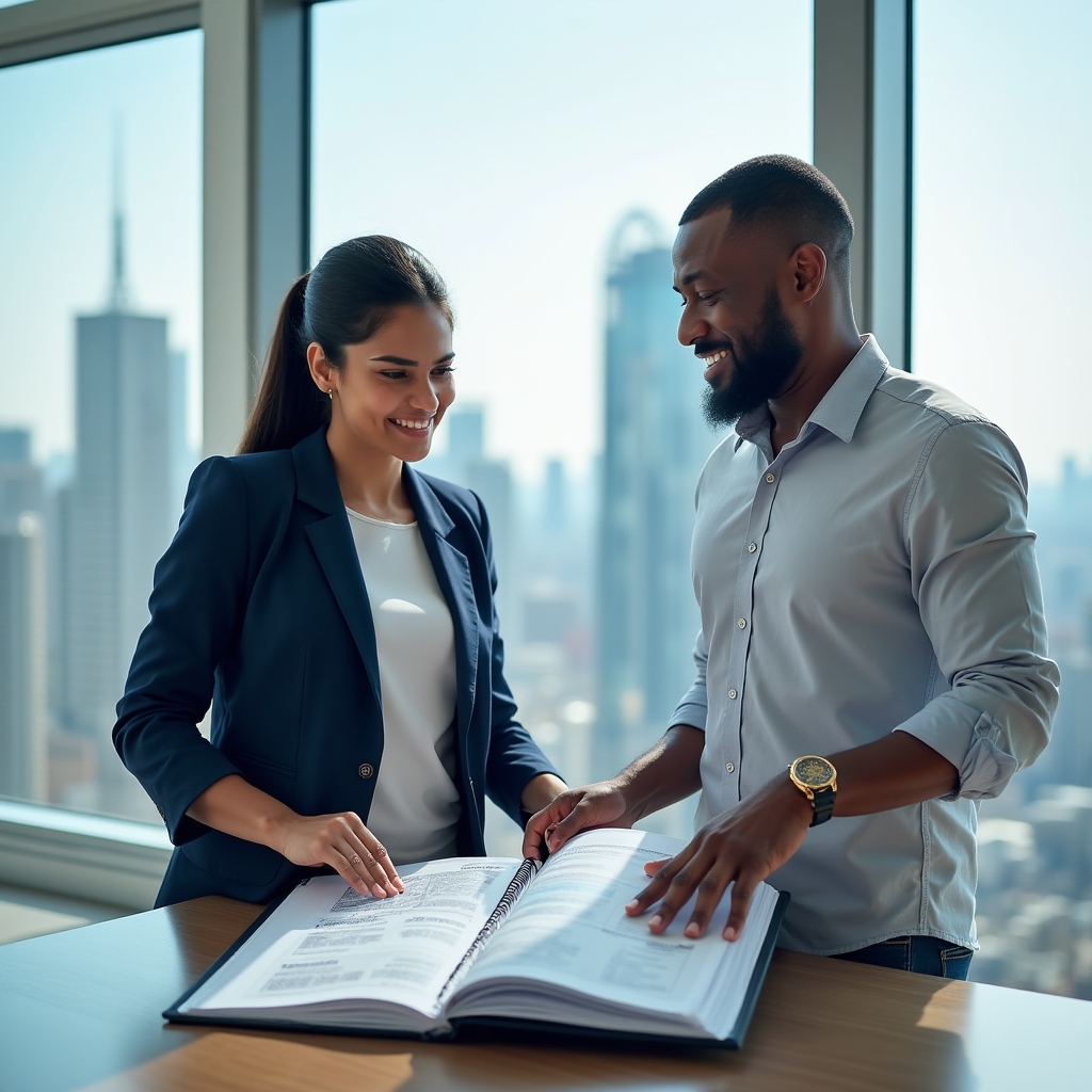 Facilitator and trainee reviewing an operations binder at a bright office table